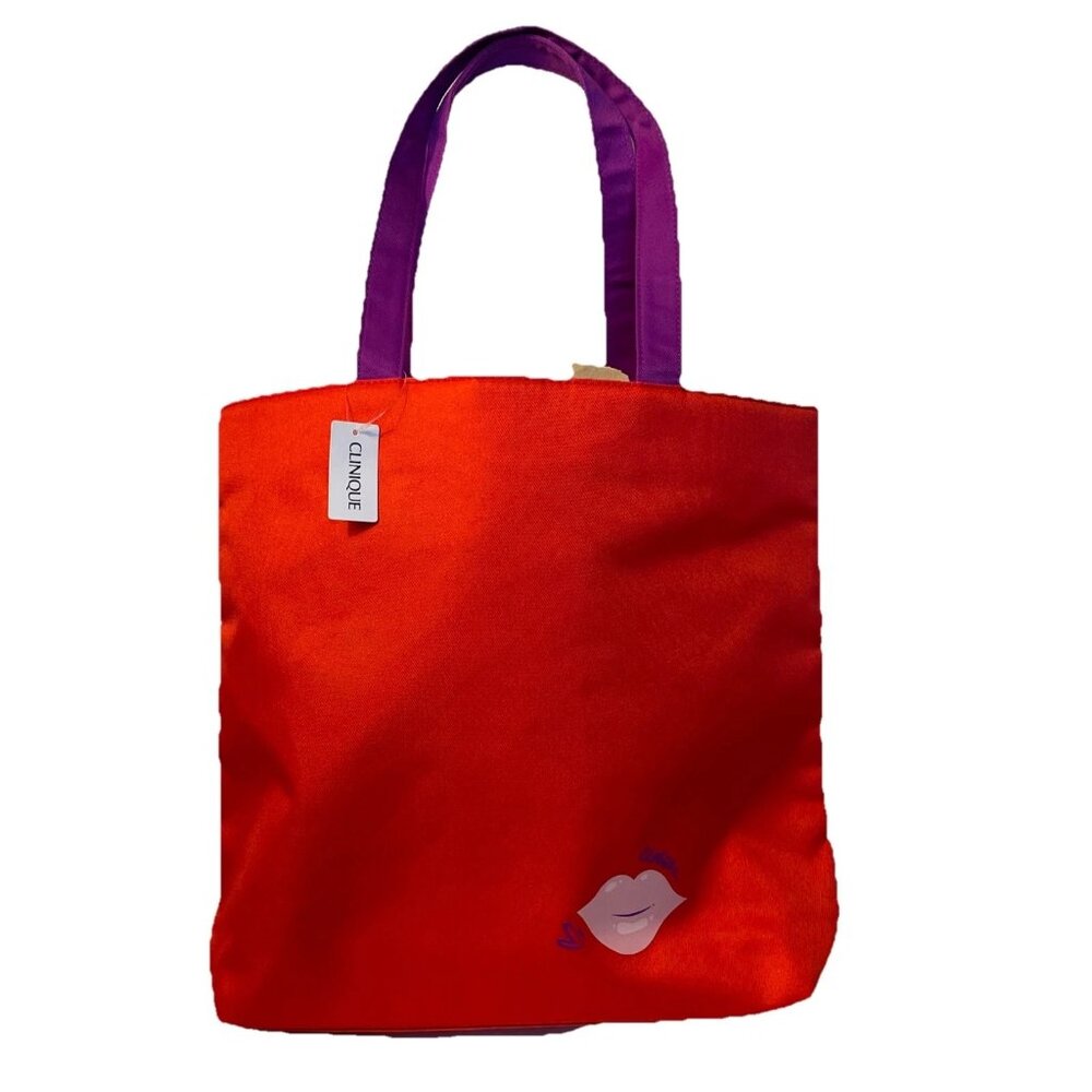 Clinique Red or Lips Kisses Reversible Tote Bag Purple Handles 15 x13 x4 Beach